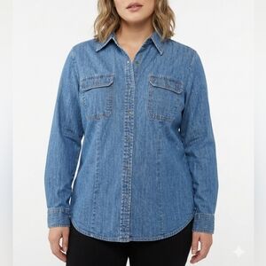 Vintage Faded Glory Denim Shirt Ladies Small 4/6 Blue Cotton Western Pearl Snap​